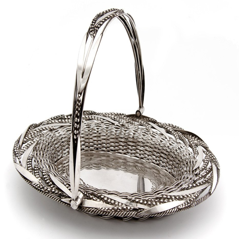 Victorian Silver Plated Woven Wire Swing Handle Oval Basket