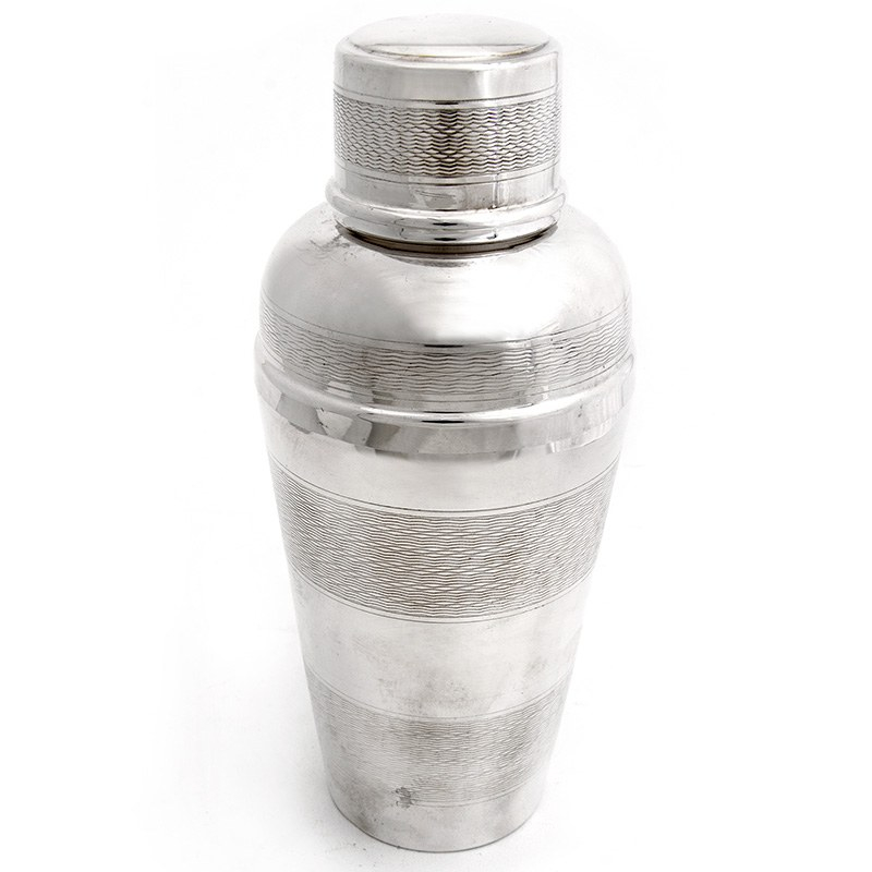 Masculine Silver Plated Cocktail Shaker with Four Engine Turned Bands