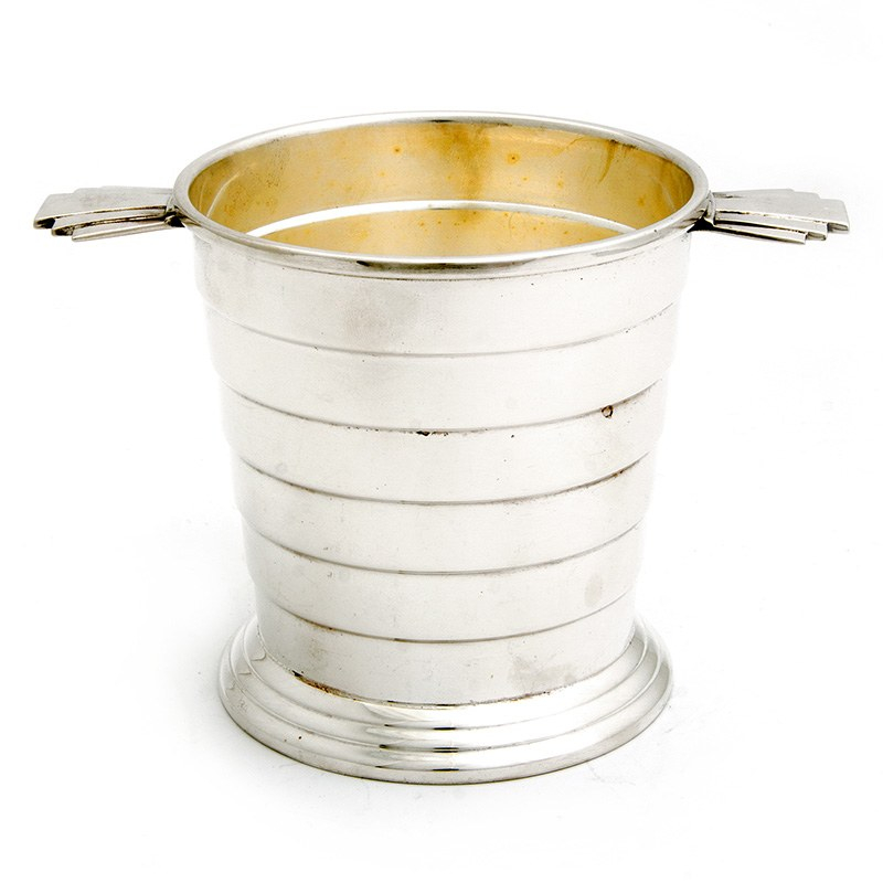 Art Deco Silver Plated Ice Pail with Fan Shaped Stepped Tab Handles and Strainer