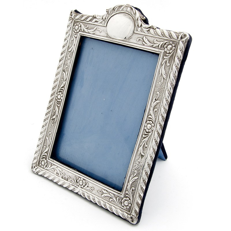 Edwardian Silver Picture Frame with a Rope and Floral Border and Blue Velvet Back