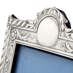 Edwardian Silver Picture Frame with a Rope and Floral Border and Blue Velvet Back