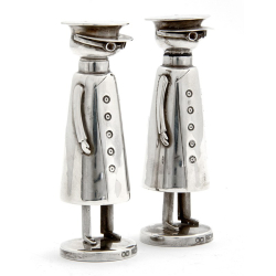 Pair of Goggled Chauffeur Silver Salt and Pepper Shakers