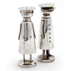 Pair of Goggled Chauffeur Silver Salt and Pepper Shakers