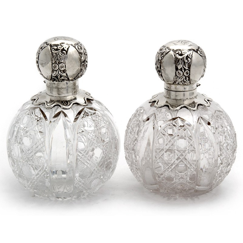 Pair of Large Victorian Silver Topped and Cut Glass Perfume Scent Bottles