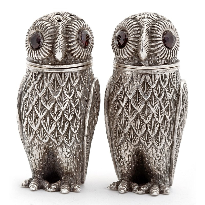 Pair of Silver Owl Salt and Pepper with Glass Eyes. Marked 925