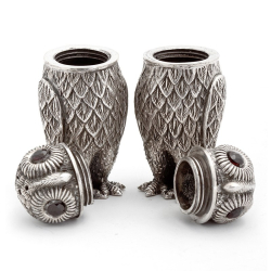 Pair of 925 Silver Owl Salt and Pepper with Glass Eyes