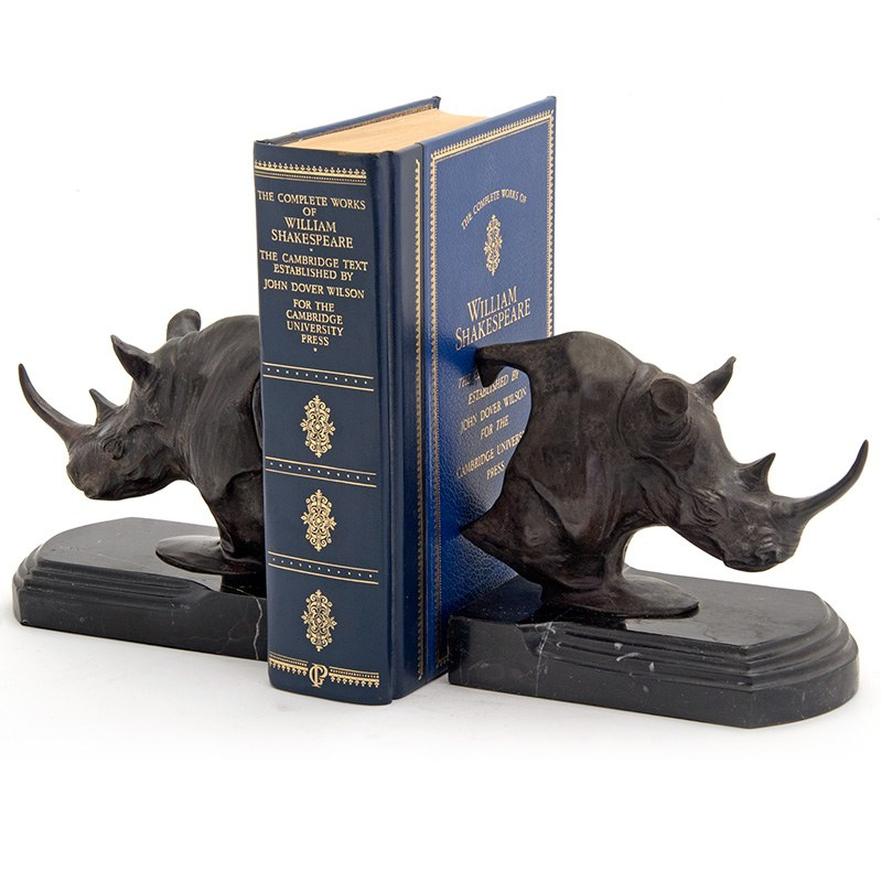 Pair of Bronze Rhinoceros Statue Book Ends on Black Marble Bases