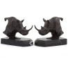 Pair of Solid Bronze Rhinoceros Statue Book Ends on Black Marble Plinths