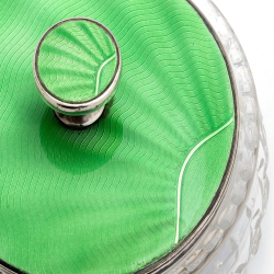 Art Deco Silver and Green Guilloche Enamel Lidded Cut Glass Jar