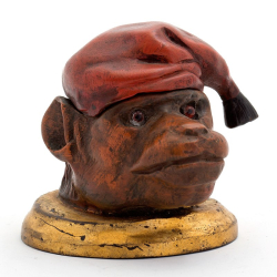 Painted Bronze Ink Well of Monkey with Glass Eyes Wearing a Hat