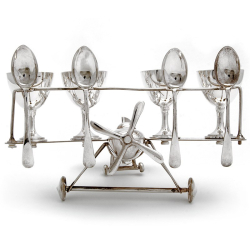 Rare Silver Plate Bi-Plane Holding Four Egg Cups and Four Teaspoons