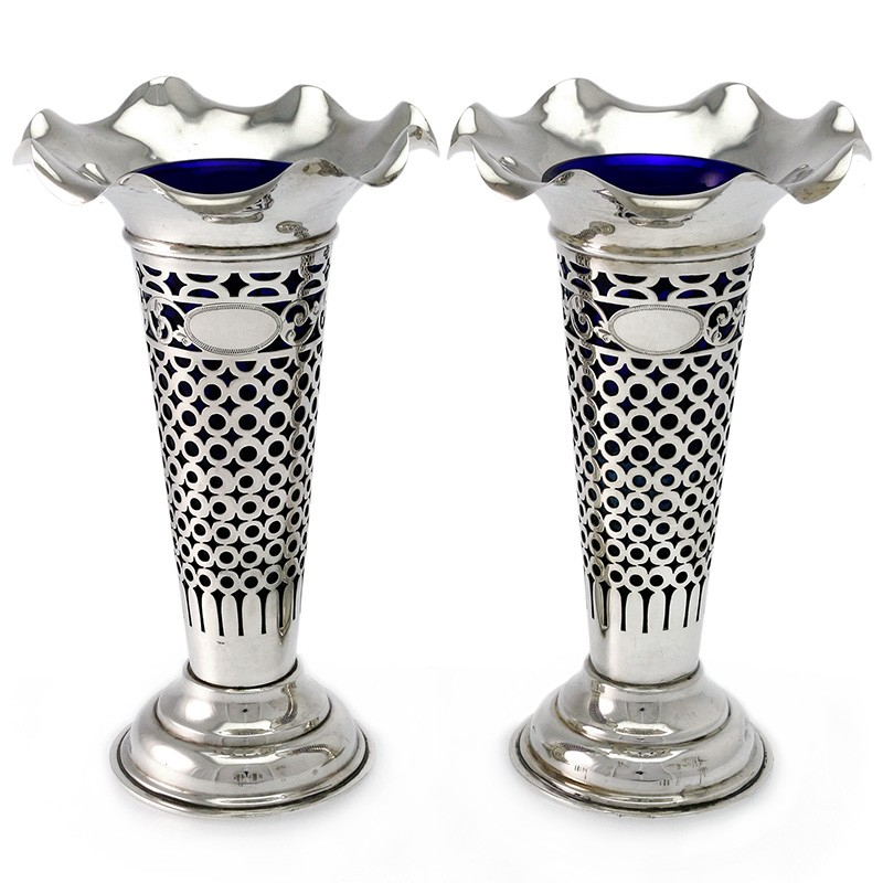 Pair of Antique Silver Vases with Blue Glass Liners