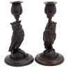 Pair of Figural Bronze Owl Statue Candlesticks with Glass Eyes