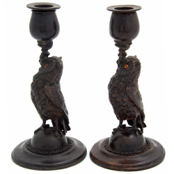 Pair of Bronze Figural Owl Candlesticks on a Circular Stepped Base