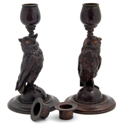 Pair of Bronze Figural Owl Candlesticks on a Circular Stepped Base