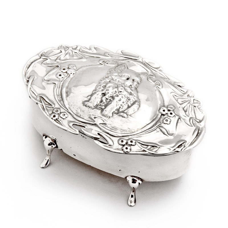 Edwardian Silver Jewellery Box with a Cat Motif on the Hinged Lid