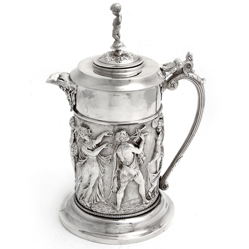 Decorative Silver Plate Wine Jug Embossed with Musicians & Dancing Figures