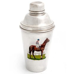Silver Plate Cocktail Shaker Featuring an Enamel Painted Picture of a Jockey on his Racehorse