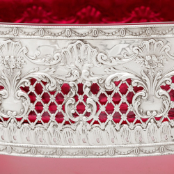 Large Silver Plate Bowl with Cranberry Glass Liner and Lion Head and Loop Handles