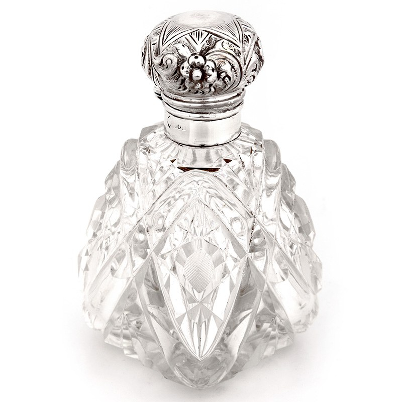 Victorian Pyramid Shaped Cut Glass and Silver Topped Perfume Scent Bottle