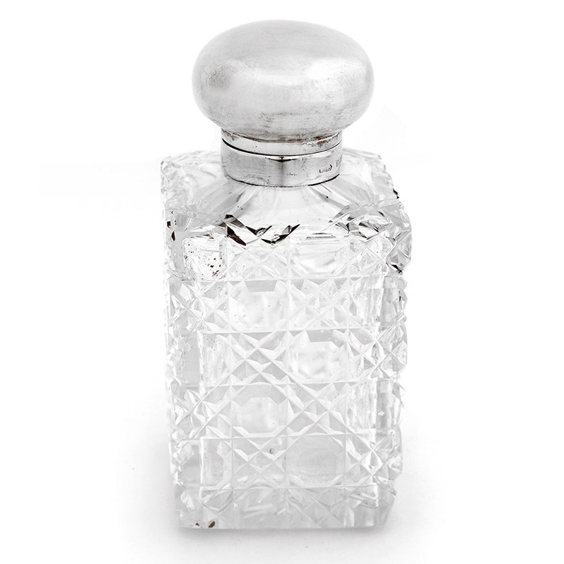 Plain Silver Bun Topped Tall Square Cut Glass Perfume Bottle