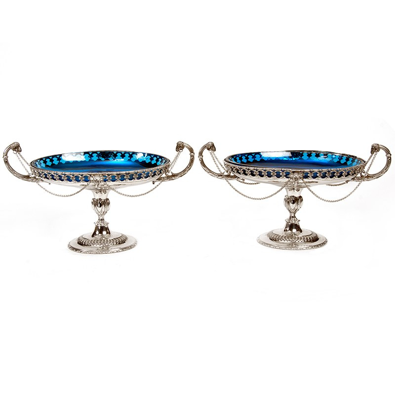 Pair of Victorian Oval Comports with Turquoise Glass Lining