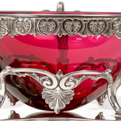 Decorative Victorian Silver Plate Bowl with a Ruby Glass Liner and Cast Swan Handles