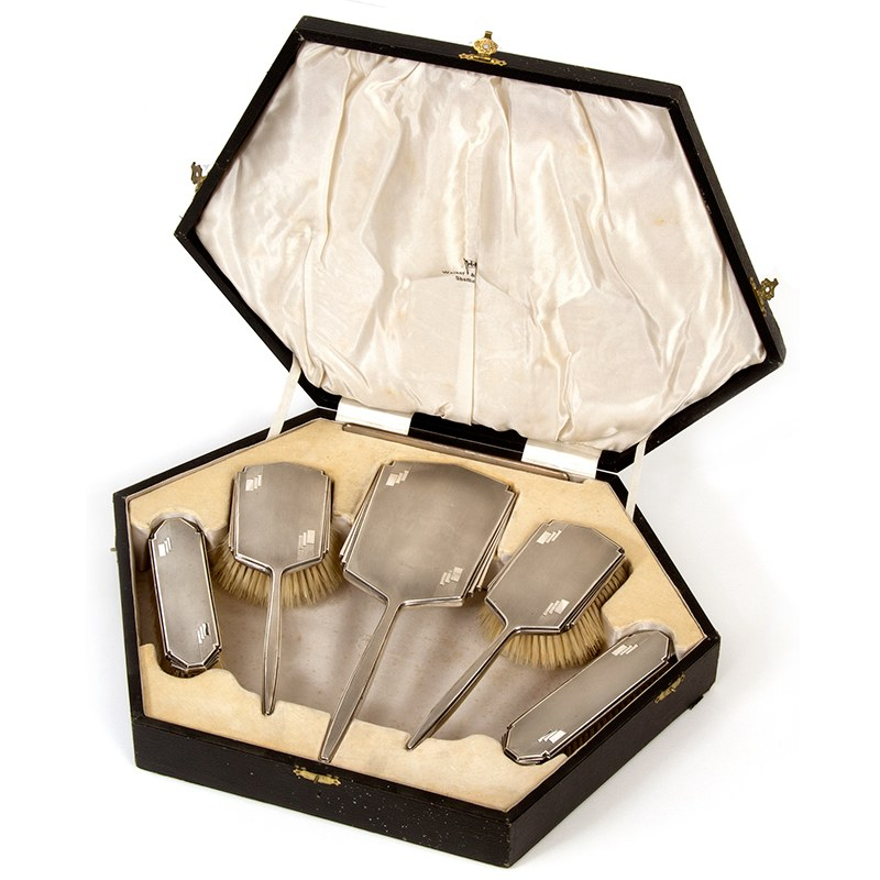 Boxed 6 pc Art Deco Style Silver Dressing Table Set with Fan Shaped Stepped Borders (1933)