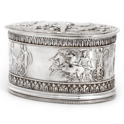 Silver Plated Electrotype Oval Hinged Box with Scenes of Roman Chariots and Horses (c.1880)