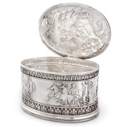 Victorian Silver Plate Electrotype Oval Hinged Box with Roman Chariots and Putti Children