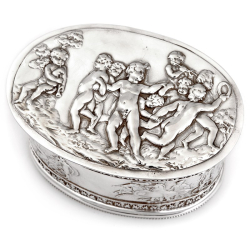 Victorian Silver Plate Electrotype Oval Hinged Box with Roman Chariots and Putti Children