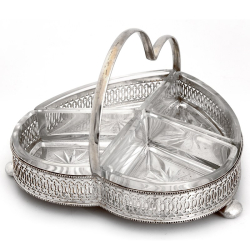Heart Shaped Silver Plated Appetizer Dish with Four Clear Glass Dishes