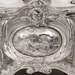 Elkington & Co Cast Silver Plated Centerpiece with Swans and Red Cut Glass Bowl