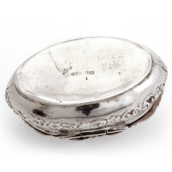 Oval Silver Trinket Box with Hinged Lid and Decorated with Scrolls and Flowers