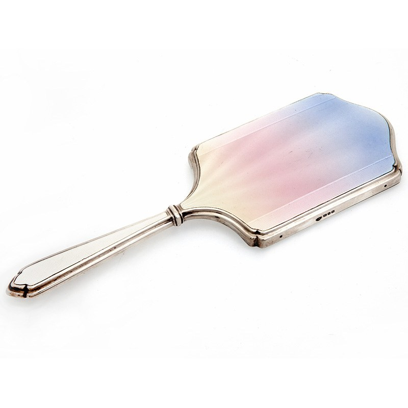 Silver and Guilloche Enamel Hand Mirror with an Unusual Graduated Colour Enamel Design