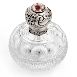 Victorian Cut Glass and Silver Topped Perfume Bottle with an Inset Glass Bead