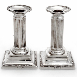 Pair of Victorian Silver Candle Sticks with Reeded Columns and Plain Square Bases