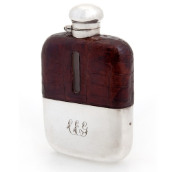 Silver Plate and Crocodile Leather Hip Flask with Removable Cup