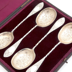 Set of Four Boxed Antique Victorian Silver Serving Spoons with Gilt Bowls