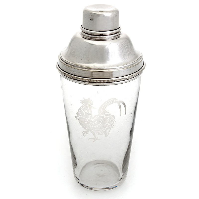 Large Glass and Silver Plate Cocktail Shaker with Etched Cockerel Detail