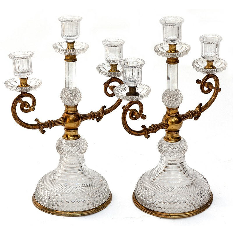 Pair of Regency Style Cut Glass and Gilt Three Light Candelabra
