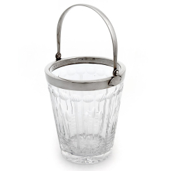 Art Deco Style Silver Plate Ice Pail with Looped Swing Handle and Tapering Hand Cut Glass Body
