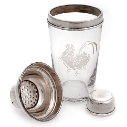 English Silver Plate and Glass Cocktail Shaker with Acid Etched Cockerel Motif