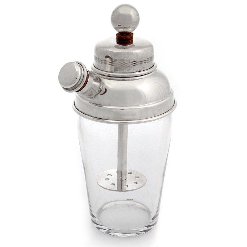 Silver Plate Cocktail Shaker with Integral Mixer and Clear Glass Tapering Body