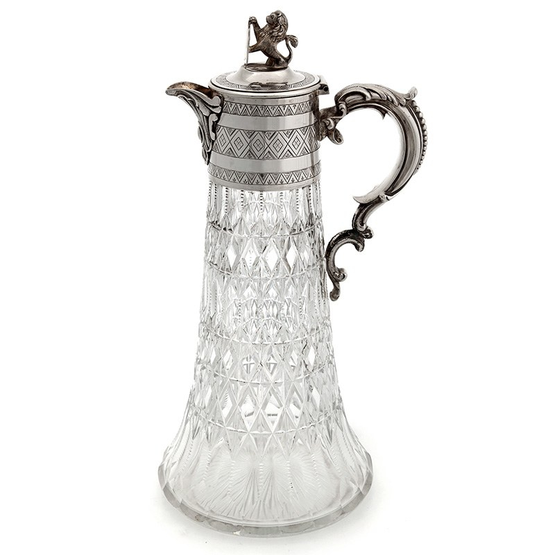 Antique Silver Plate & Cut Glass Claret Jug with a Lion & Shield Finial