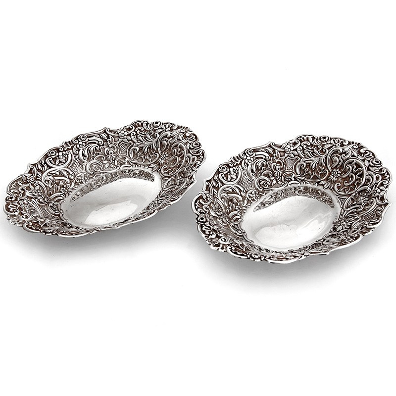 Pair of Decorative Oval Silver Bon Bon Dishes