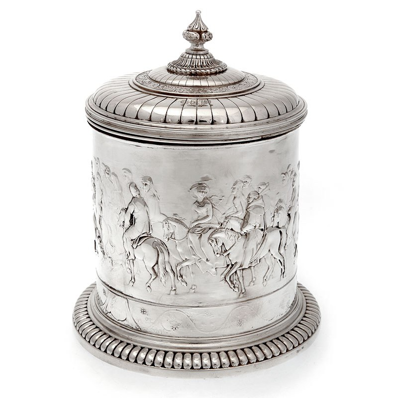 Large Elkington & Co Silver Plate Barrel Depicting Horses and Horsemen