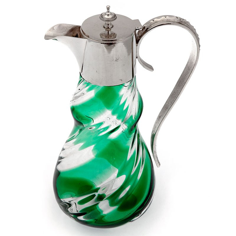 Victorian Silver Plated Claret Jug with a Green and Clear Spiral Glass Body