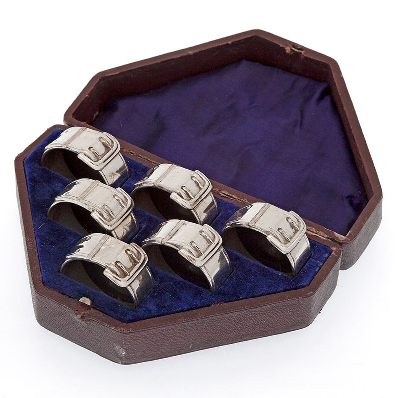 Six Silver Plated Numbered Napkin Rings Cast in the Shape of Buckles