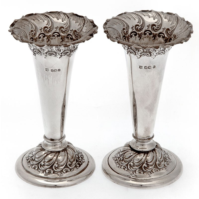 Pair of Victorian Silver Flower Vases with Plain Bodies and a Trumpet Shaped Neck